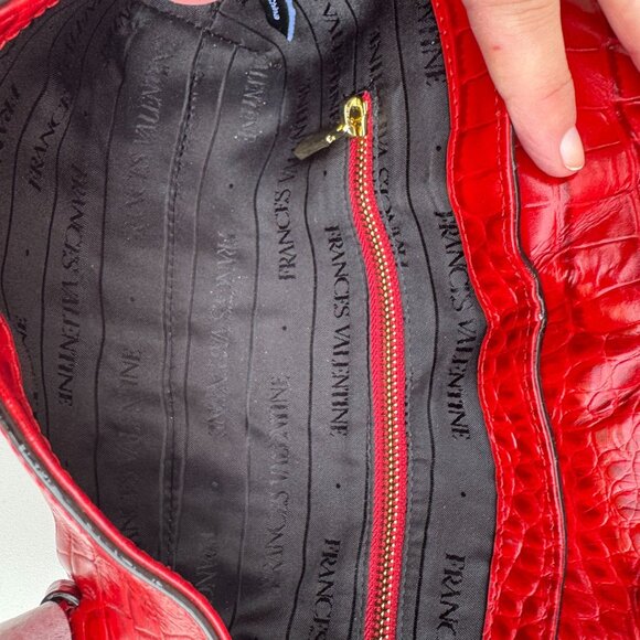 Frances Valentine Red Croc-Embossed Leather Shoulder Bag Long Strap Snap Closure - Picture 8 of 15